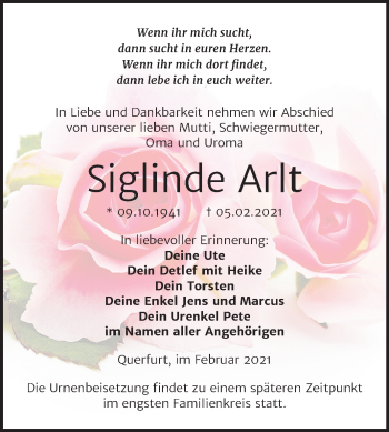 Traueranzeige von Siglinde Arlt von Super Sonntag Merseburg/Querfurt