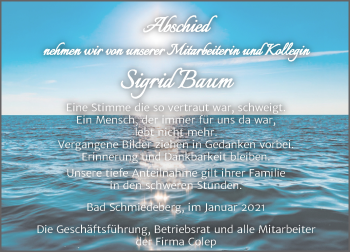 Traueranzeige von Sigrid Baum von Super Sonntag Wittenberg