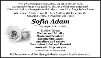 Traueranzeige von Sofia Adam von Super Sonntag Aschersleben