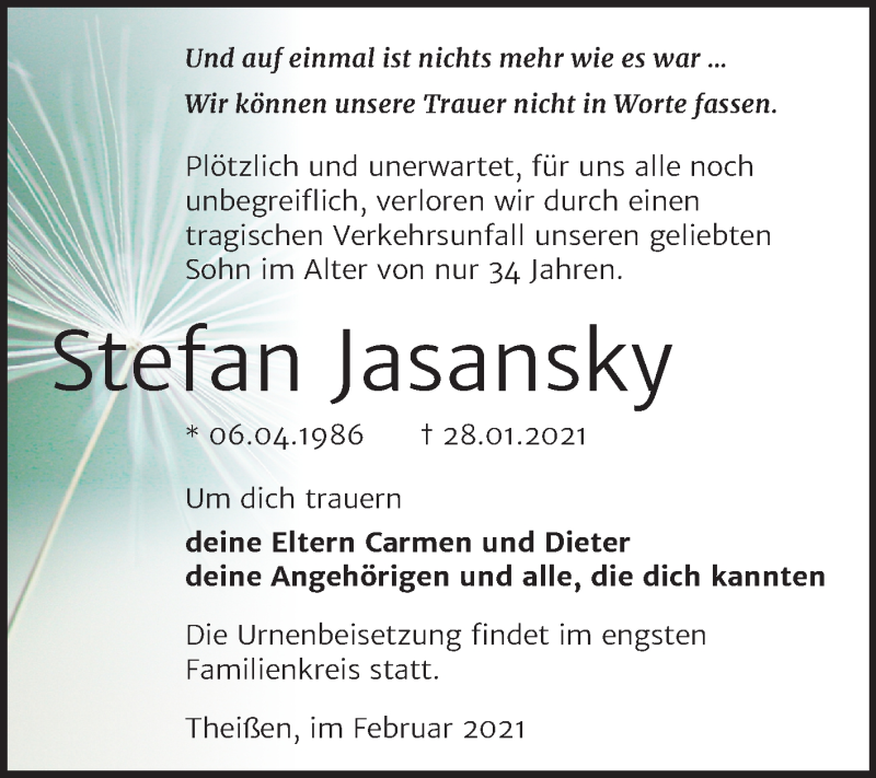  Traueranzeige für Stefan Jasansky vom 06.02.2021 aus Super Sonntag Zeitz
