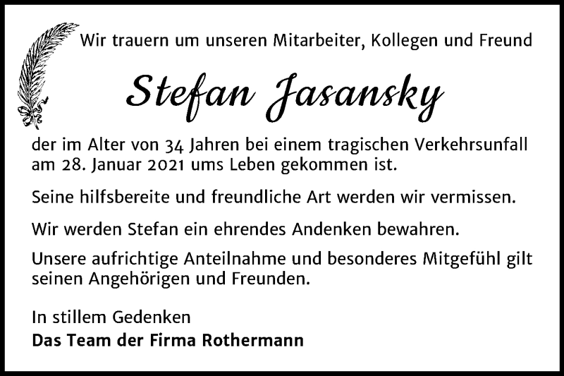  Traueranzeige für Stefan Jasansky vom 13.02.2021 aus Super Sonntag Zeitz