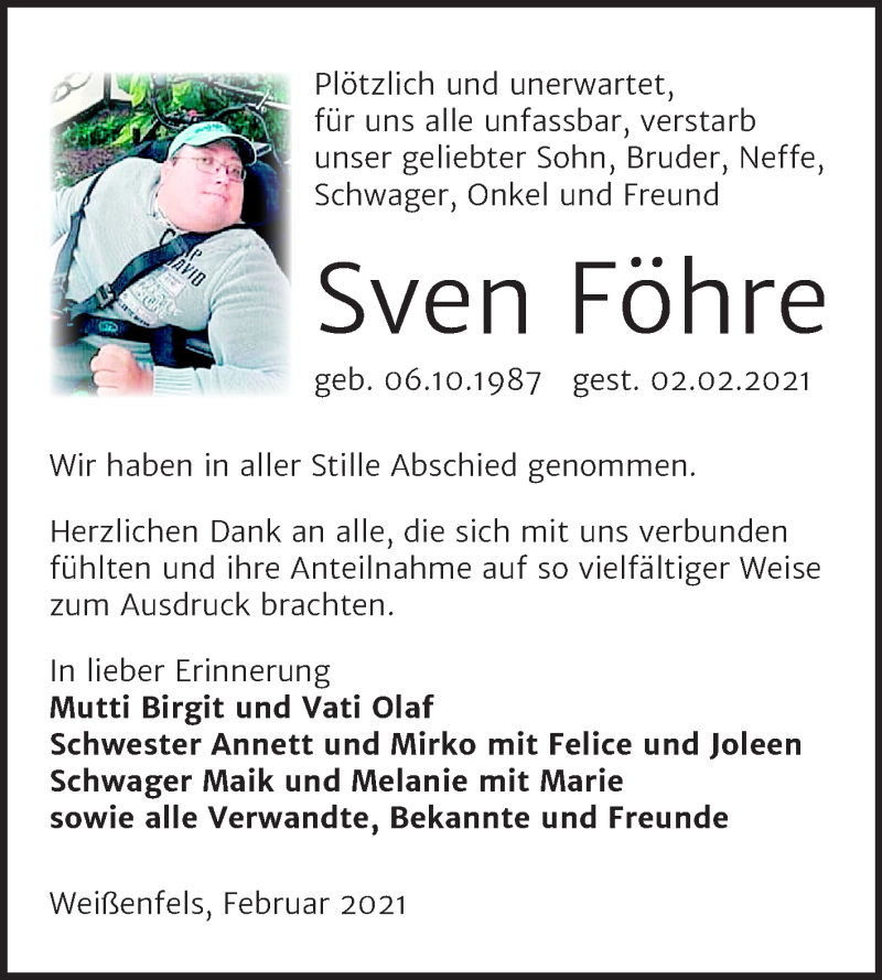  Traueranzeige für Sven Föhre vom 27.02.2021 aus Mitteldeutsche Zeitung Weißenfels