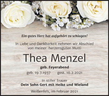 Traueranzeige von Thea Menzel von Super Sonntag Weißenfels