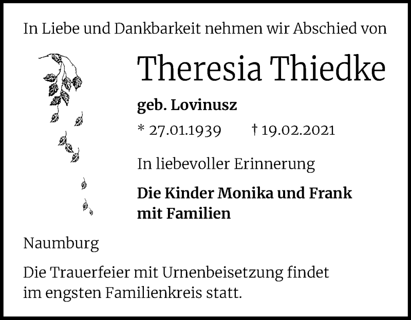  Traueranzeige für Theresia Thiedke vom 25.02.2021 aus Mitteldeutsche Zeitung Naumburg/Nebra