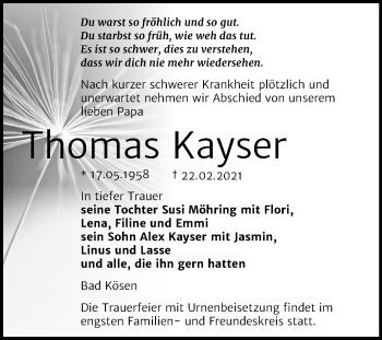 Traueranzeige von Thomas Kayser von Mitteldeutsche Zeitung Naumburg/Nebra