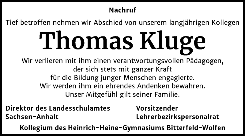  Traueranzeige für Thomas Kluge vom 13.02.2021 aus Mitteldeutsche Zeitung Bitterfeld
