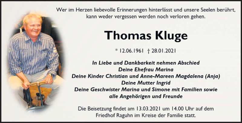  Traueranzeige für Thomas Kluge vom 13.02.2021 aus Mitteldeutsche Zeitung Bitterfeld