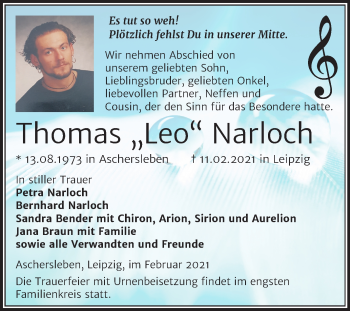 Traueranzeige von Thomas Narloch von Super Sonntag Aschersleben