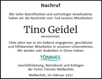 Traueranzeige von Tino Geidel von Mitteldeutsche Zeitung Weißenfels / Naumburg/Nebra