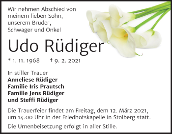 Traueranzeige von Udo Rüdiger von Mitteldeutsche Zeitung Sangerhausen