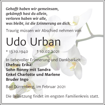 Traueranzeige von Udo Urban von Super Sonntag Merseburg/Querfurt