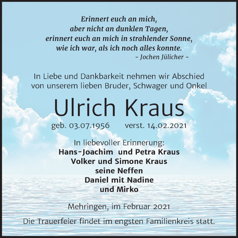  Traueranzeige für Ulrich Kraus vom 20.02.2021 aus Super Sonntag Aschersleben