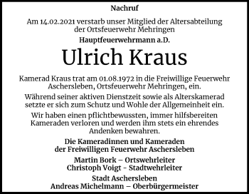 Traueranzeige von Ulrich Kraus von Super Sonntag Aschersleben