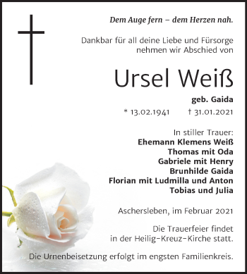 Traueranzeige von Ursel Weiß von Mitteldeutsche Zeitung Aschersleben