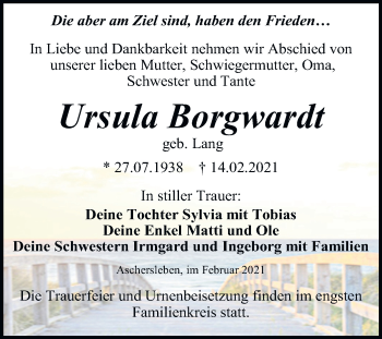 Traueranzeige von Ursula Borgwardt von Super Sonntag Dessau-Roßlau