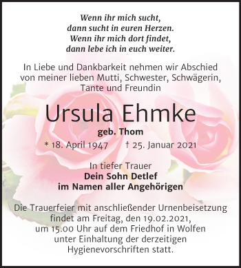 Traueranzeige von Ursula Ehmke von Mitteldeutsche Zeitung Bitterfeld
