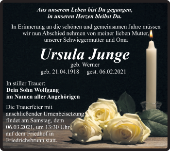 Traueranzeige von Ursula Junge von Mitteldeutsche Zeitung Quedlinburg