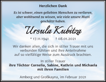 Traueranzeige von Ursula Kubitza von Super Sonntag Merseburg/Querfurt