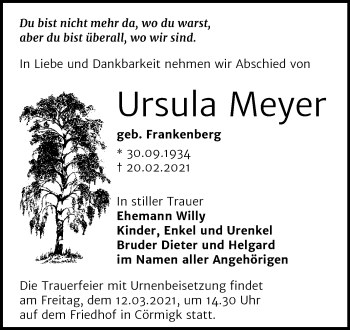 Traueranzeige von Ursula Meyer von Super Sonntag Bernburg