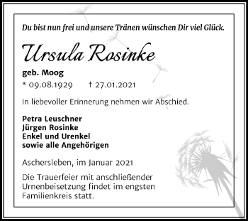 Traueranzeige von Ursula Rosinke von Mitteldeutsche Zeitung Aschersleben