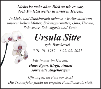 Traueranzeige von Ursula Sitte von Super Sonntag Sangerhausen