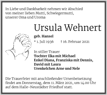 Traueranzeige von Ursula Wehnert von Mitteldeutsche Zeitung Halle/Saalkreis