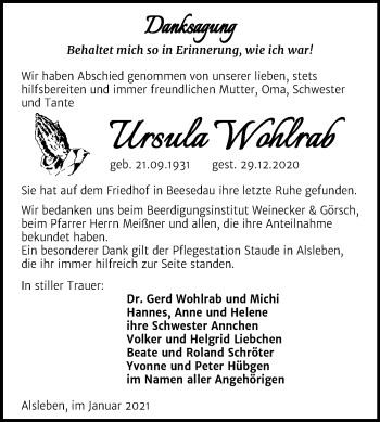 Traueranzeige von Ursula Wohlrab von Mitteldeutsche Zeitung Bernburg