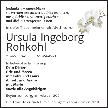 Traueranzeige von Ursula Ingeborg Rohkohl von Mitteldeutsche Zeitung Sangerhausen