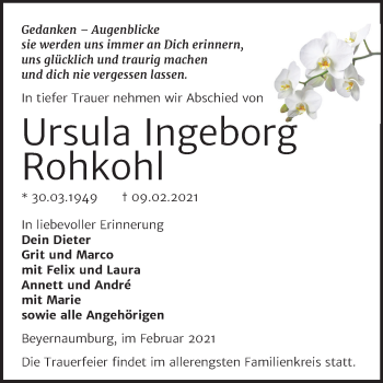 Traueranzeige von Ursula Ingeborg Rohkohl von Super Sonntag Sangerhausen
