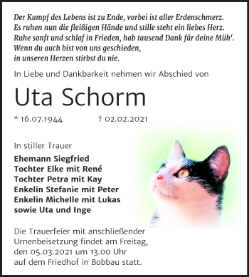 Traueranzeige von Uta Schorm von Mitteldeutsche Zeitung Bitterfeld