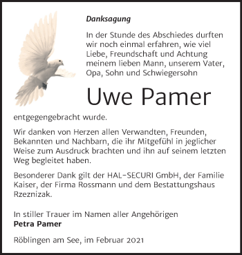 Traueranzeige von Uwe Pamer von Mitteldeutsche Zeitung Mansfelder Land / Halle/Saalkreis