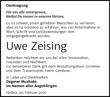 Traueranzeige von Uwe Zeising von Mitteldeutsche Zeitung Mansfelder Land