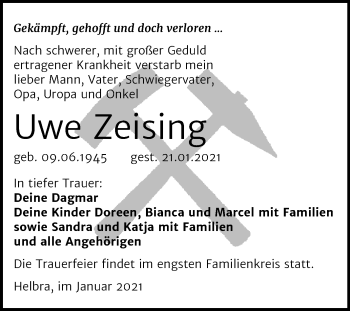 Traueranzeige von Uwe Zeising von Mitteldeutsche Zeitung Mansfelder Land