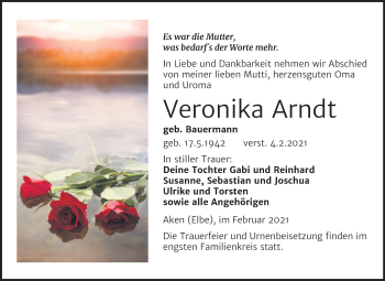 Traueranzeige von Veronika Arndt von Super Sonntag Köthen