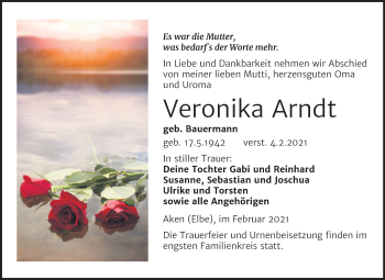 Traueranzeige von Veronika Arndt von Mitteldeutsche Zeitung Köthen