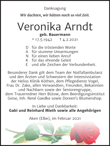 Traueranzeige von Veronika Arndt von Mitteldeutsche Zeitung Köthen