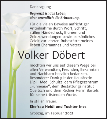 Traueranzeige von Volker Döbert von Mitteldeutsche Zeitung Köthen