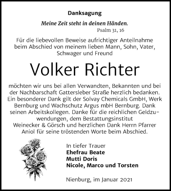 Traueranzeige von Volker Richter von Mitteldeutsche Zeitung Bernburg