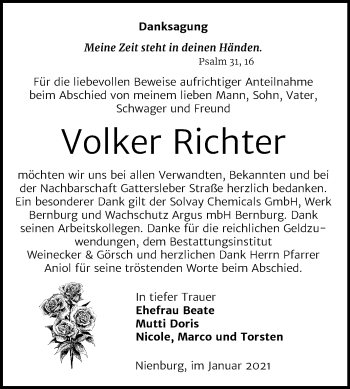 Traueranzeige von Volker Richter von Super Sonntag Bernburg