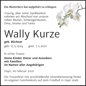 Traueranzeige von Wally Kurze von Mitteldeutsche Zeitung Sangerhausen
