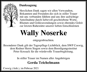Traueranzeige von Wally Noserke von Mitteldeutsche Zeitung Wittenberg