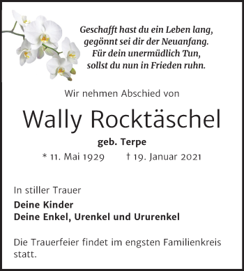 Traueranzeige von Wally Rocktäschel von Super Sonntag Weißenfels