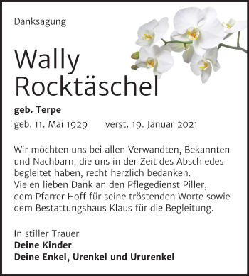 Traueranzeige von Wally Rocktäschel von Super Sonntag Weißenfels