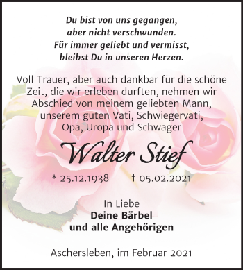 Traueranzeige von Walter Stief von Mitteldeutsche Zeitung Aschersleben
