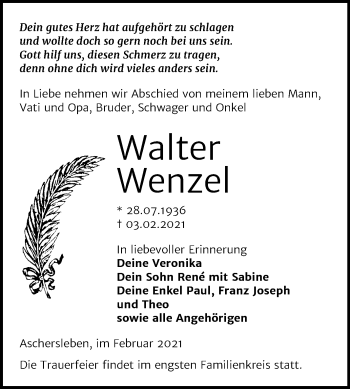 Traueranzeige von Walter Wenzel von Super Sonntag Aschersleben