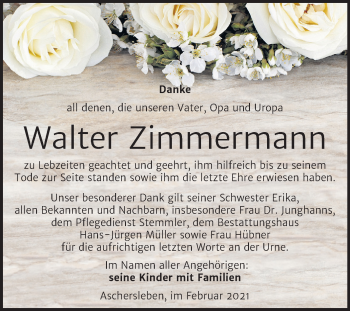 Traueranzeige von Walter Zimmermann von Mitteldeutsche Zeitung Aschersleben