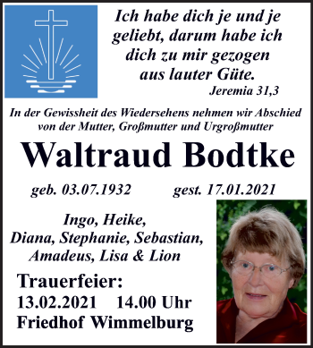 Traueranzeige von Waltraud Bodtke von Mitteldeutsche Zeitung Mansfelder Land