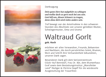 Traueranzeige von Waltraud Gorlt von Super Sonntag Mansfelder Land