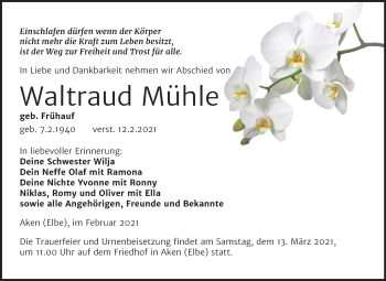 Traueranzeige von Waltraud Mühle von Mitteldeutsche Zeitung Köthen