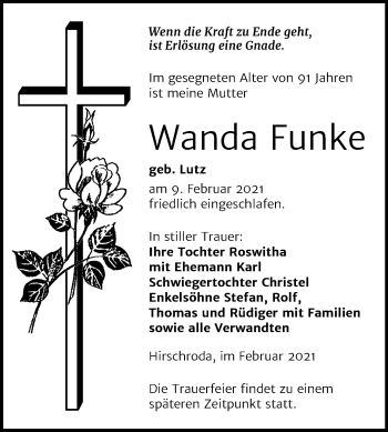 Traueranzeige von Wanda Funke von Super Sonntag Naumburg/Nebra